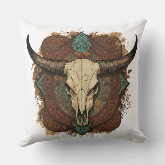 Southwestern Boho Design Bull Skull Throw Pillow クッション (裏面)