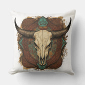 Southwestern Boho Design Bull Skull Throw Pillow クッション (正面)
