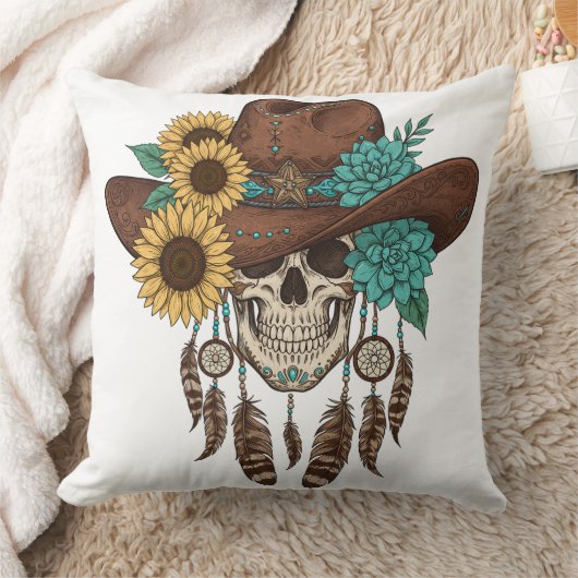 Southwestern Boho Design Skull Throw Pillow クッション (ブランケット)