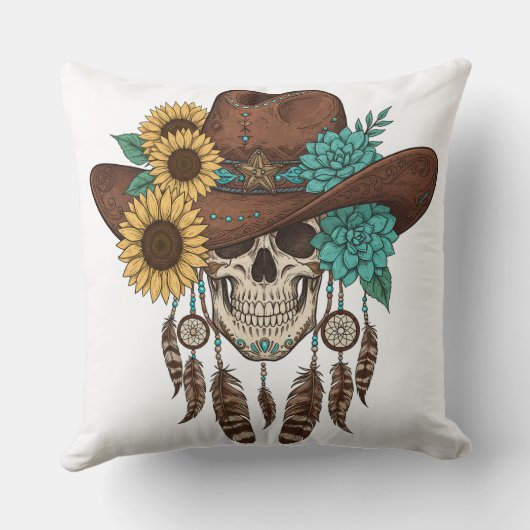 Southwestern Boho Design Skull Throw Pillow クッション (裏面)