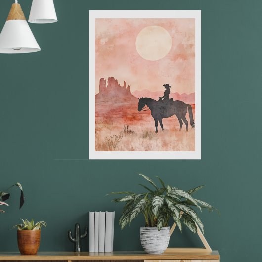 Southwestern Cowgirl Silhouette Desert Sun Artwork ポスター (リビング1)