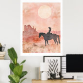 Southwestern Cowgirl Silhouette Desert Sun Artwork ポスター (ホームオフィス)