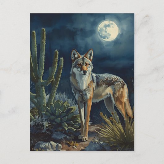 Southwestern Coyote and Moon Desert Postcard ポストカード (正面)