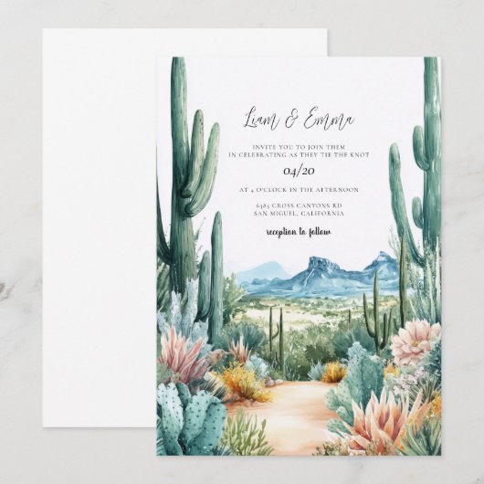 Southwestern Desert Cactus Wedding 招待状 (正面/裏面)
