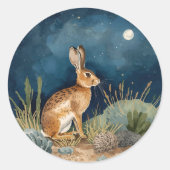 Southwestern Desert Jackrabbit with Moon ラウンドシール (正面)