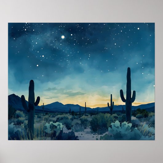 Southwestern Desert Night Sky with Cacti ポスター (正面)