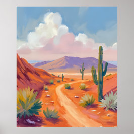Southwestern Desert Road with Cacti ポスター