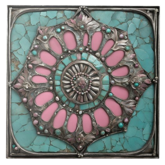 Southwestern Floral Gemstone Medallion Design タイル (正面)