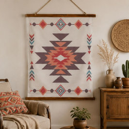 Southwestern Geometric Aztec Coral Teal Mauve Boho 吊り下げ型タペストリー