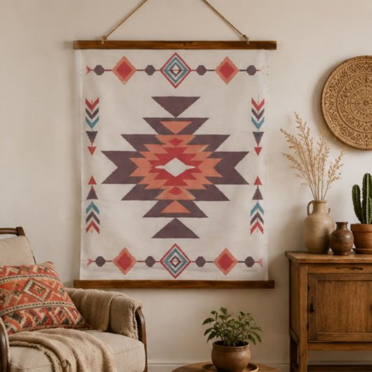 Southwestern Geometric Aztec Coral Teal Mauve Boho 吊り下げ型タペストリー