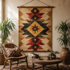 Southwestern Geometric Aztec Pattern Rust Red Gold 吊り下げ型タペストリー