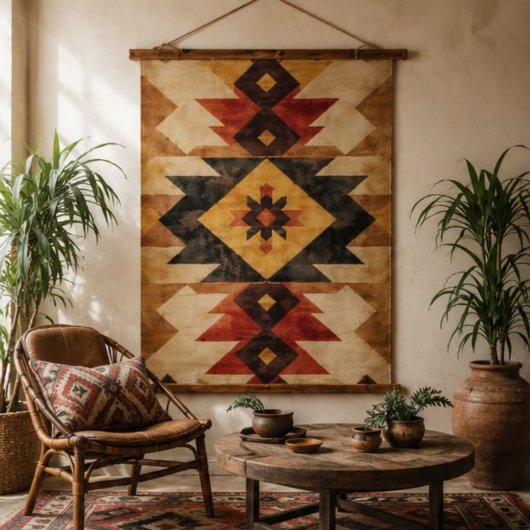 Southwestern Geometric Aztec Pattern Rust Red Gold 吊り下げ型タペストリー