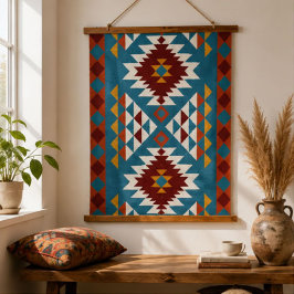 Southwestern Geometric Aztec Quilt Teal Red Gold 吊り下げ型タペストリー