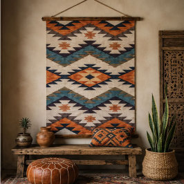 Southwestern Geometric Aztec Rust Orange Navy 吊り下げ型タペストリー