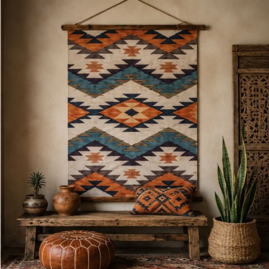 Southwestern Geometric Aztec Rust Orange Navy 吊り下げ型タペストリー