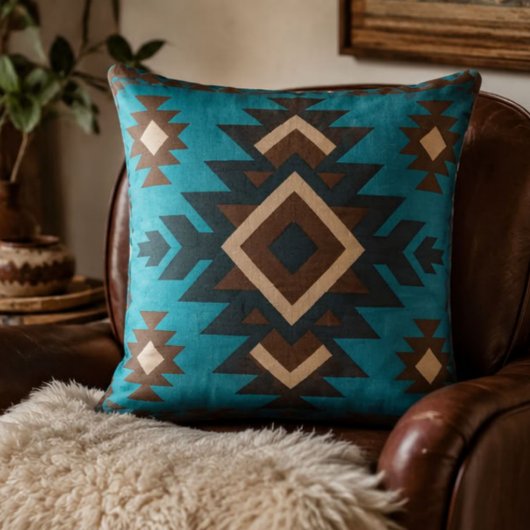 Southwestern Geometric Turquoise Brown Aztec Style クッション
