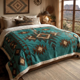 Southwestern Geometric Turquoise Brown Aztec Style シェルパブランケット