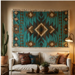 Southwestern Geometric Turquoise Brown Aztec Style スローブランケット