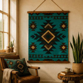 Southwestern Geometric Turquoise Brown Aztec Style 吊り下げ型タペストリー