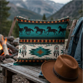 Southwestern Horse and Dreamcatcher Turquoise クッション