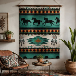 Southwestern Horse and Dreamcatcher Turquoise 吊り下げ型タペストリー