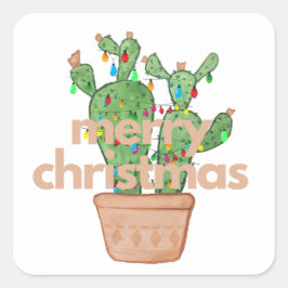  Southwestern Merry Christmas Cactus Sticker スクエアシール