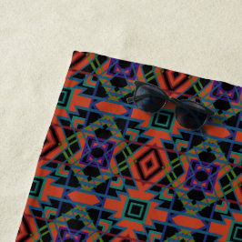 Southwestern Symmetrical Tiled Pattern Line Art ビーチタオル