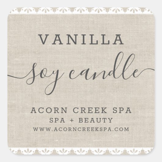 Soy Candleラベル |バーラップ素朴レース スクエアシール (正面)