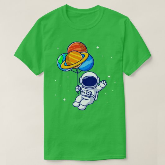 Spで惑星バルーンと一緒に浮かんでいるかわいい宇宙飛行士 Tシャツ (デザイン正面)