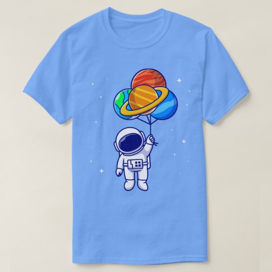 Spで惑星バルーンと一緒に浮かんでいるかわいい宇宙飛行士 Tシャツ (デザイン正面)