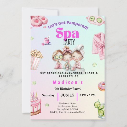 Spa Birthday Invitation • Pamper Party Invite 招待状 (正面)