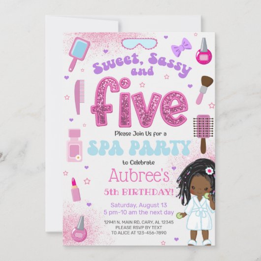 SPA, girl 5th birthday party invite, 5 year old. 招待状 (正面)