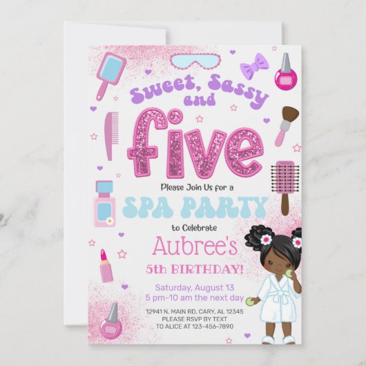 SPA, girl 5th birthday party invite, 5 year old. 招待状 (正面)