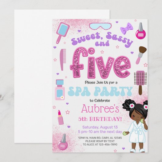 SPA, girl 5th birthday party invite, 5 year old. 招待状 (正面/裏面)