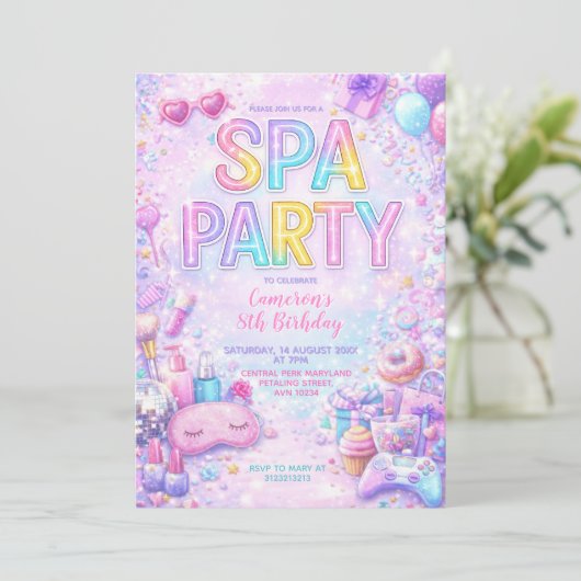 Spa Party Birthday Invitation | Pastel Spa Pamper  招待状 (スタンド正面)