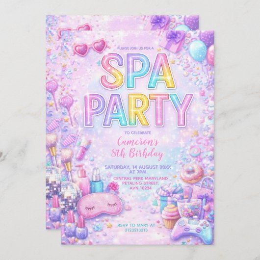 Spa Party Birthday Invitation | Pastel Spa Pamper  招待状 (正面/裏面)