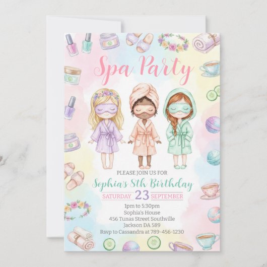 Spa party girls Glam Birthday party 招待状 (正面)
