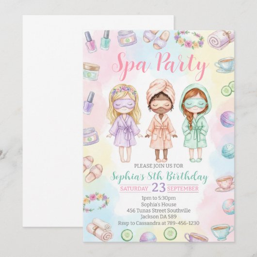 Spa party girls Glam Birthday party 招待状 (正面/裏面)