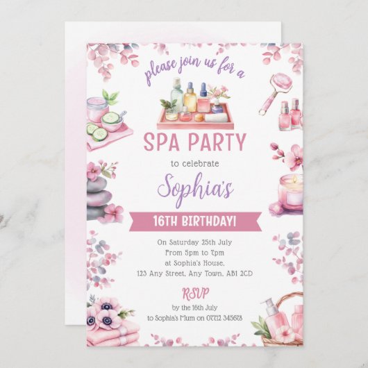 Spa Party Invitation - Cherry Blossom Pamper Party 招待状 (正面/裏面)