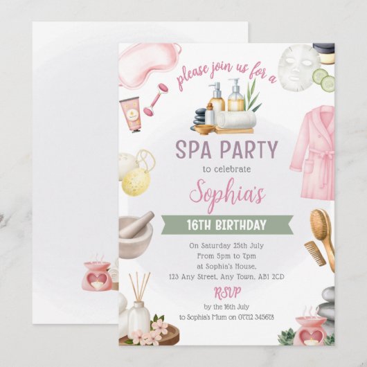 Spa Party Invitation, Natural Calm Refresh Pamper 招待状 (正面/裏面)