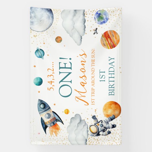 Space 1st Birthday Backdrop First Trip Around Sun 横断幕 (縦)