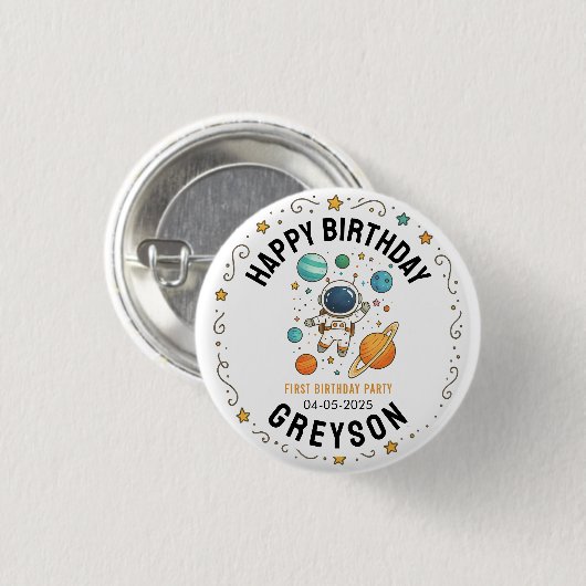 Space Adventure 1st Birthday | Outer Space Party 缶バッジ (正面&裏面)