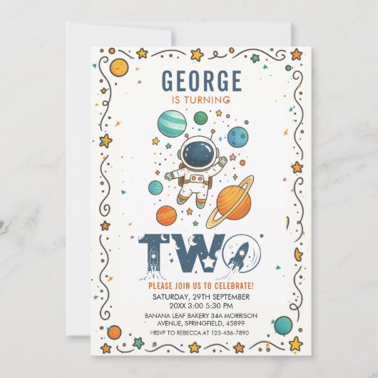 Space Adventure 2nd Birthday | Outer Space Party 招待状 (正面)