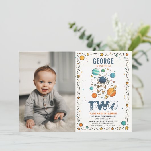 Space Adventure 2nd birthday | Outer Space photo 招待状 (スタンド正面)
