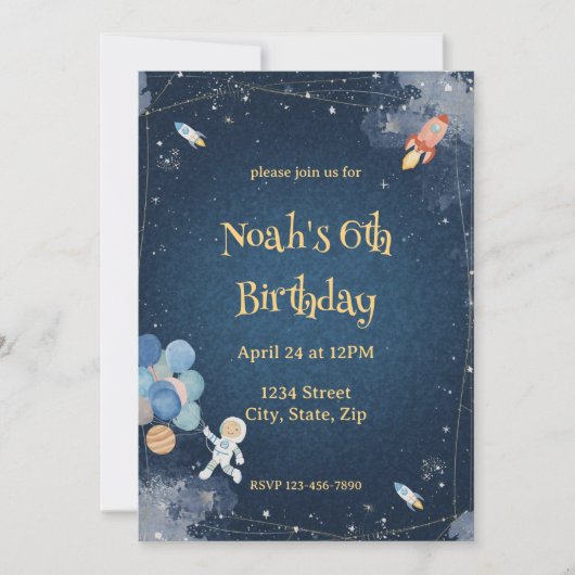  Space Adventure Birthday Invitation | Watercolor 招待状 (正面)