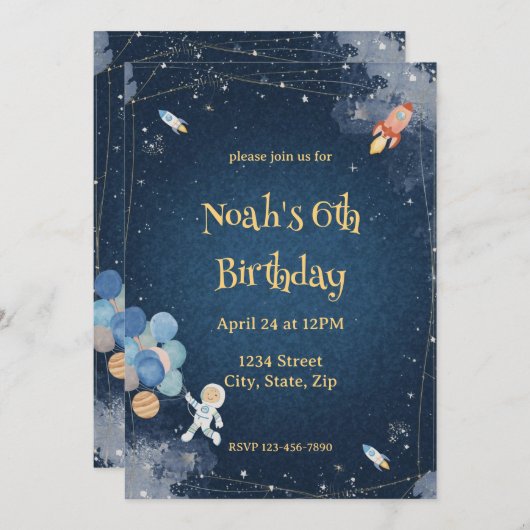  Space Adventure Birthday Invitation | Watercolor 招待状 (正面/裏面)