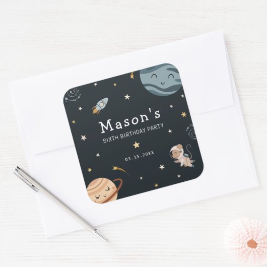 Space Adventure Playful Kids Birthday Party スクエアシール (封筒)