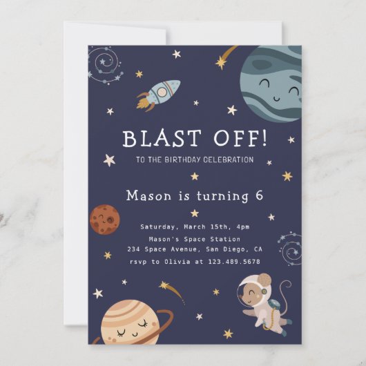 Space Adventure Playful Kids Birthday Party 招待状 (正面)
