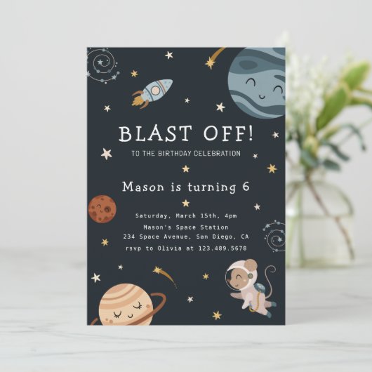Space Adventure Playful Kids Birthday Party 招待状 (スタンド正面)