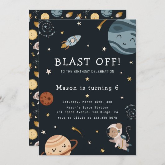 Space Adventure Playful Kids Birthday Party 招待状 (正面/裏面)